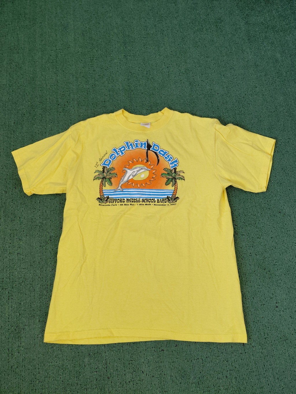 Vintage 2007 12th Annual Dolphin Dash 5k Run Yellow Y2k T Shirt Sz Large